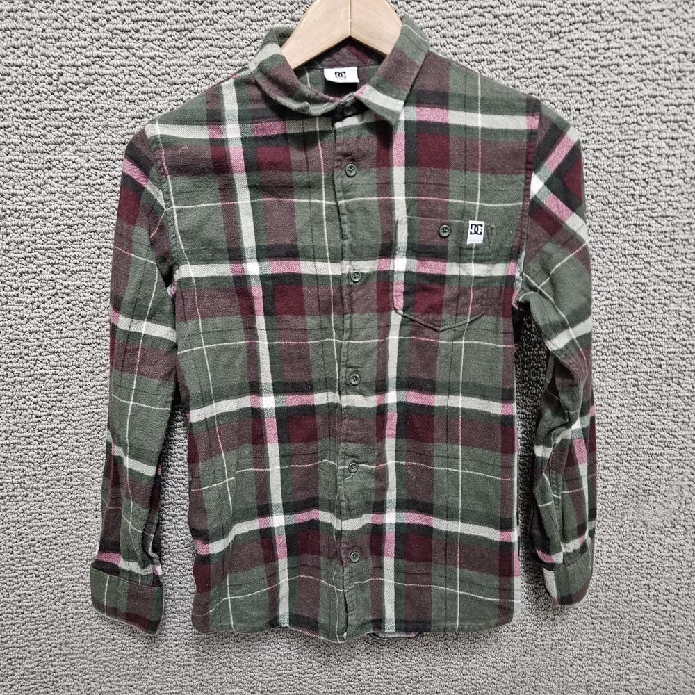 DC Kids Boy's Green Burgundy Plaid Long Sleeve Button Up Shirt Size L (14/16)